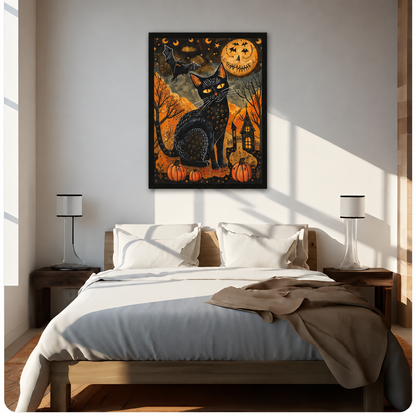 Folk art painting of a black cat with glowing eyes among pumpkins beneath a jack-o-lantern moon with a bat and haunted house Halloween wall art framed print above bed sunlit bedroom