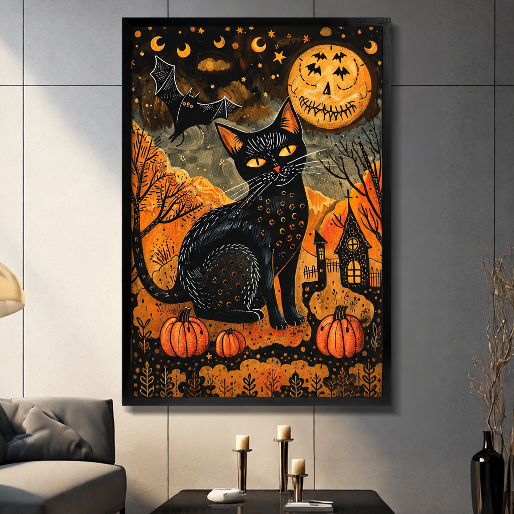 Folk art painting of a black cat with glowing eyes among pumpkins beneath a jack-o-lantern moon with a bat and haunted house Halloween wall art framed print dark panel wall living room