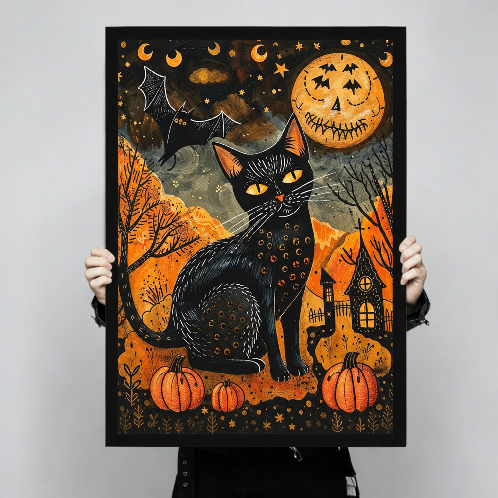 Folk art painting of a black cat with glowing eyes among pumpkins beneath a jack-o-lantern moon with a bat and haunted house Halloween wall art framed print held up