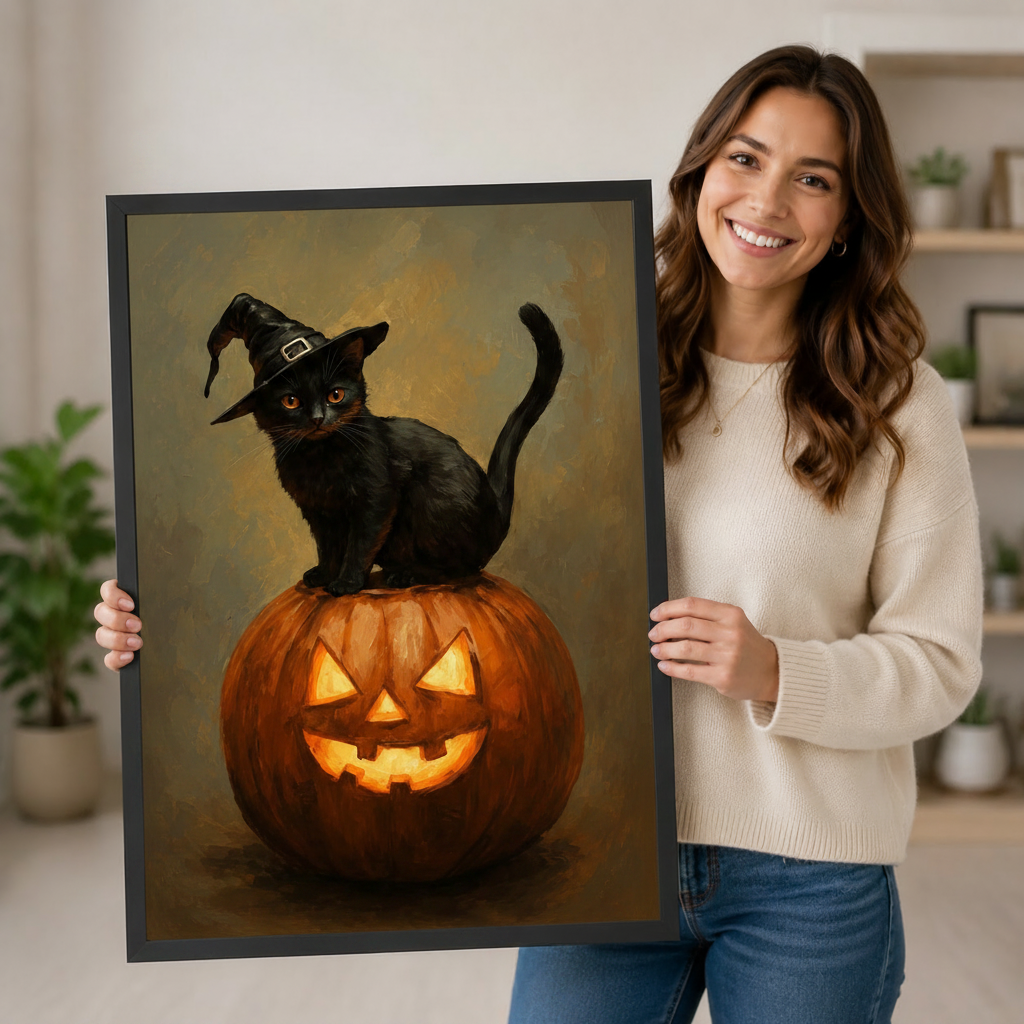 Smiling woman holding a large framed Halloween canvas print showing a black cat with witch hat on a jack-o-lantern, demonstrating print size and ready-to-hang quality