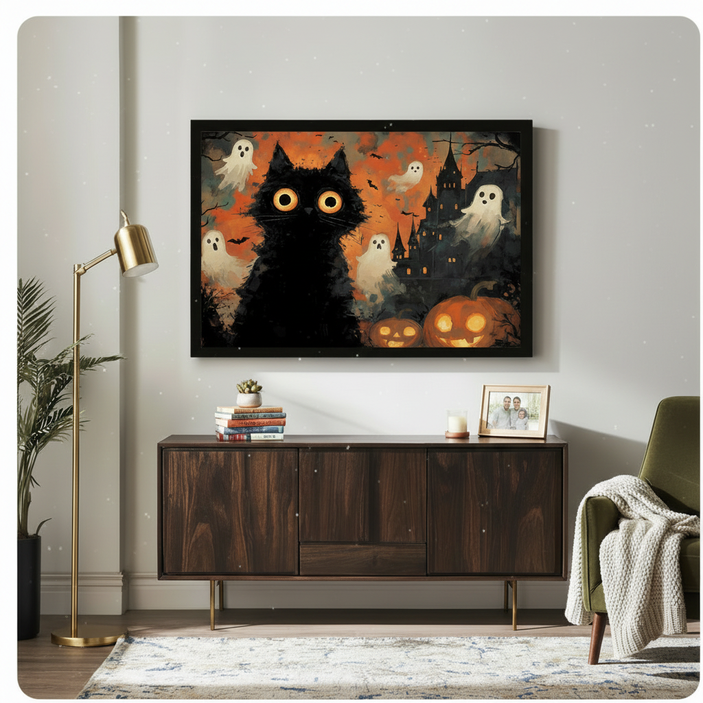 Framed Halloween wall art with wide-eyed black cat pumpkins and ghosts displayed above wooden sideboard in cozy living room