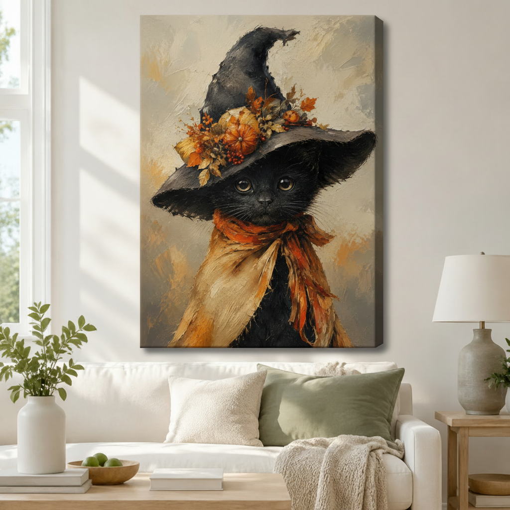 Stretched canvas Halloween black cat wall art depicting a charming black kitten in a floral witch hat and autumn scarf with warm amber oil-painting tones, hung above a white sofa in a cozy modern living room