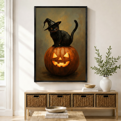 Framed Halloween canvas print of a black cat wearing a witch hat perched on a glowing jack-o-lantern pumpkin, displayed above a wicker basket sideboard in a bright entryway