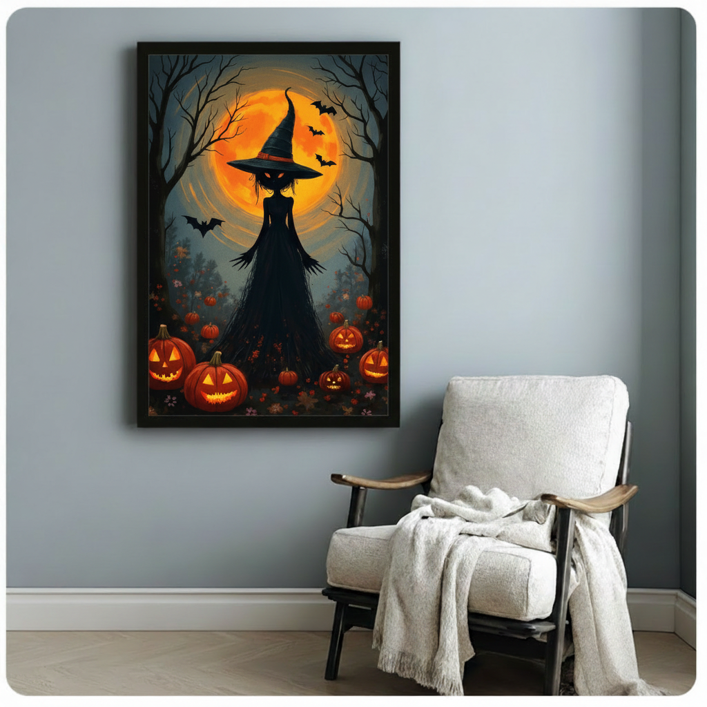 Halloween cat canvas wall art above a white armchair, showing a witch cat with bats and a twisted tree