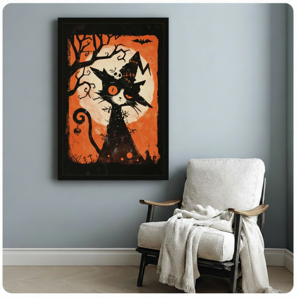 Halloween cat canvas wall art above a white armchair, showing a witch cat with bats and a twisted tree
