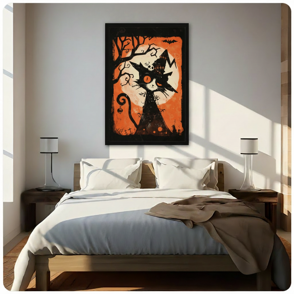 Halloween cat canvas wall art above a bed, featuring a black cat in a witch hat beneath an orange moon