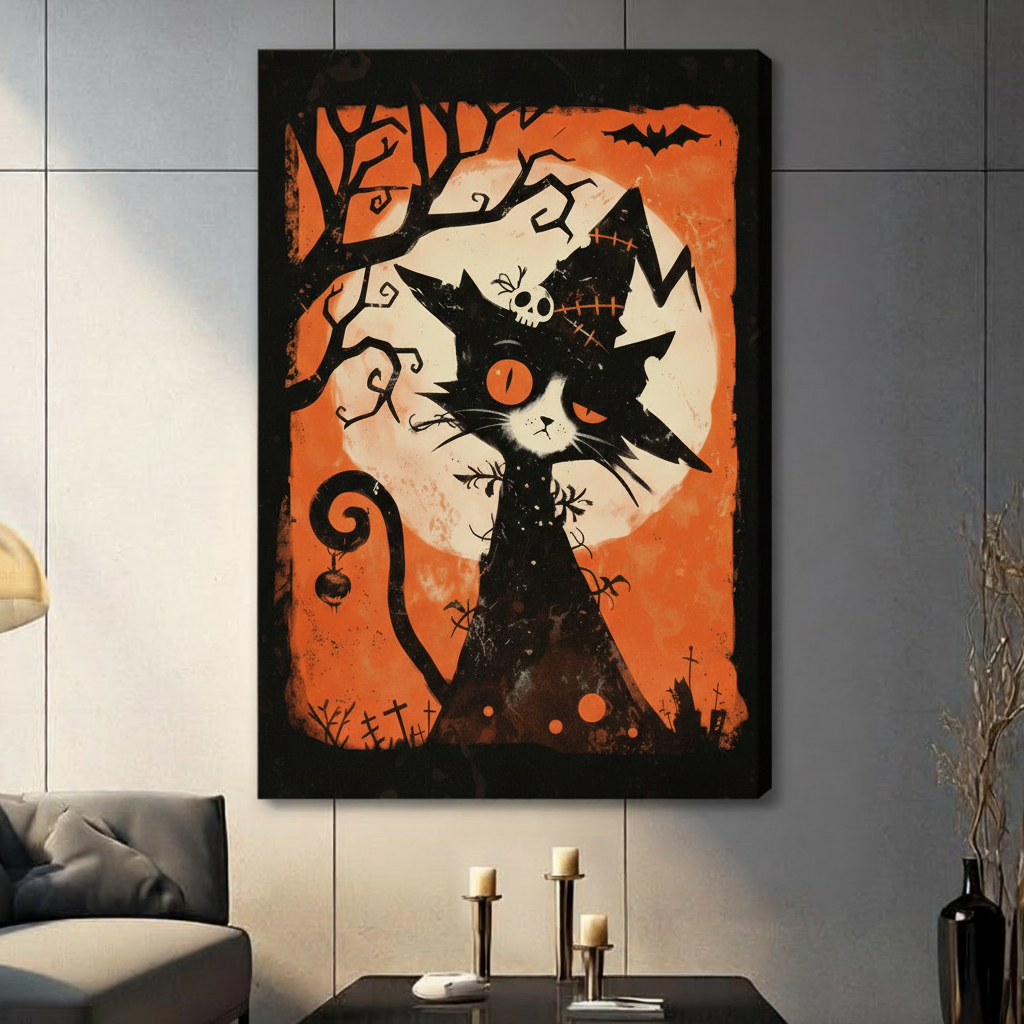 Halloween cat canvas wall art close-up showing a black cat in a pointed hat against an orange moonlit scene