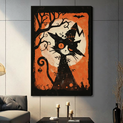 Halloween cat canvas wall art close-up showing a black cat in a pointed hat against an orange moonlit scene