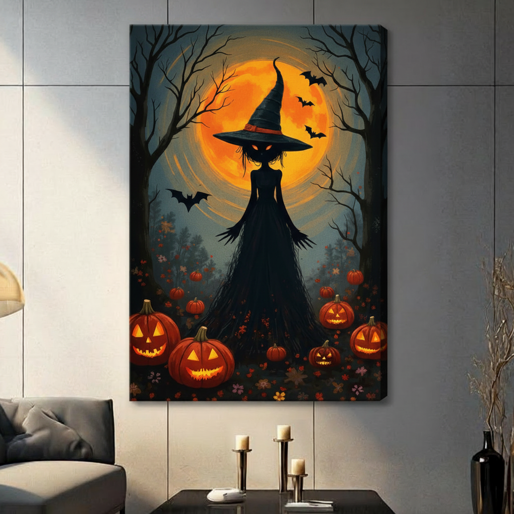 Halloween cat canvas wall art close-up showing a black cat in a pointed hat against an orange moonlit scen