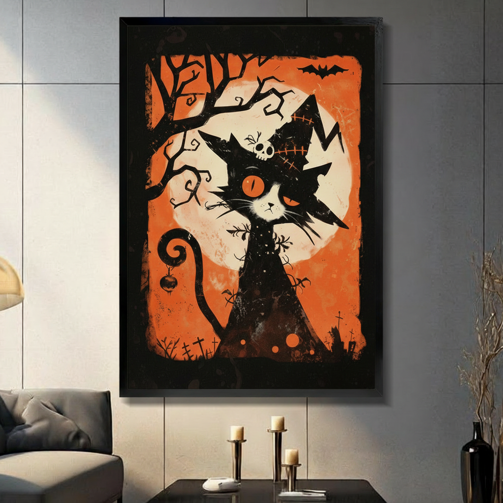  Halloween cat canvas wall art displayed in a living room with candles, bats, and bold orange and black tones