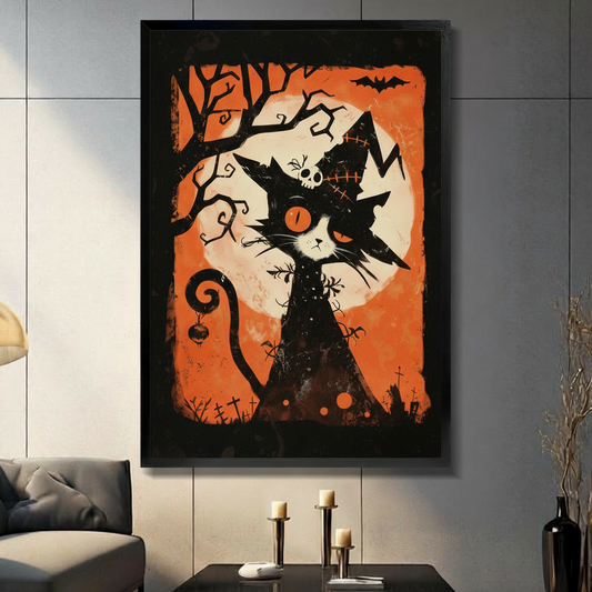  Halloween cat canvas wall art displayed in a living room with candles, bats, and bold orange and black tones