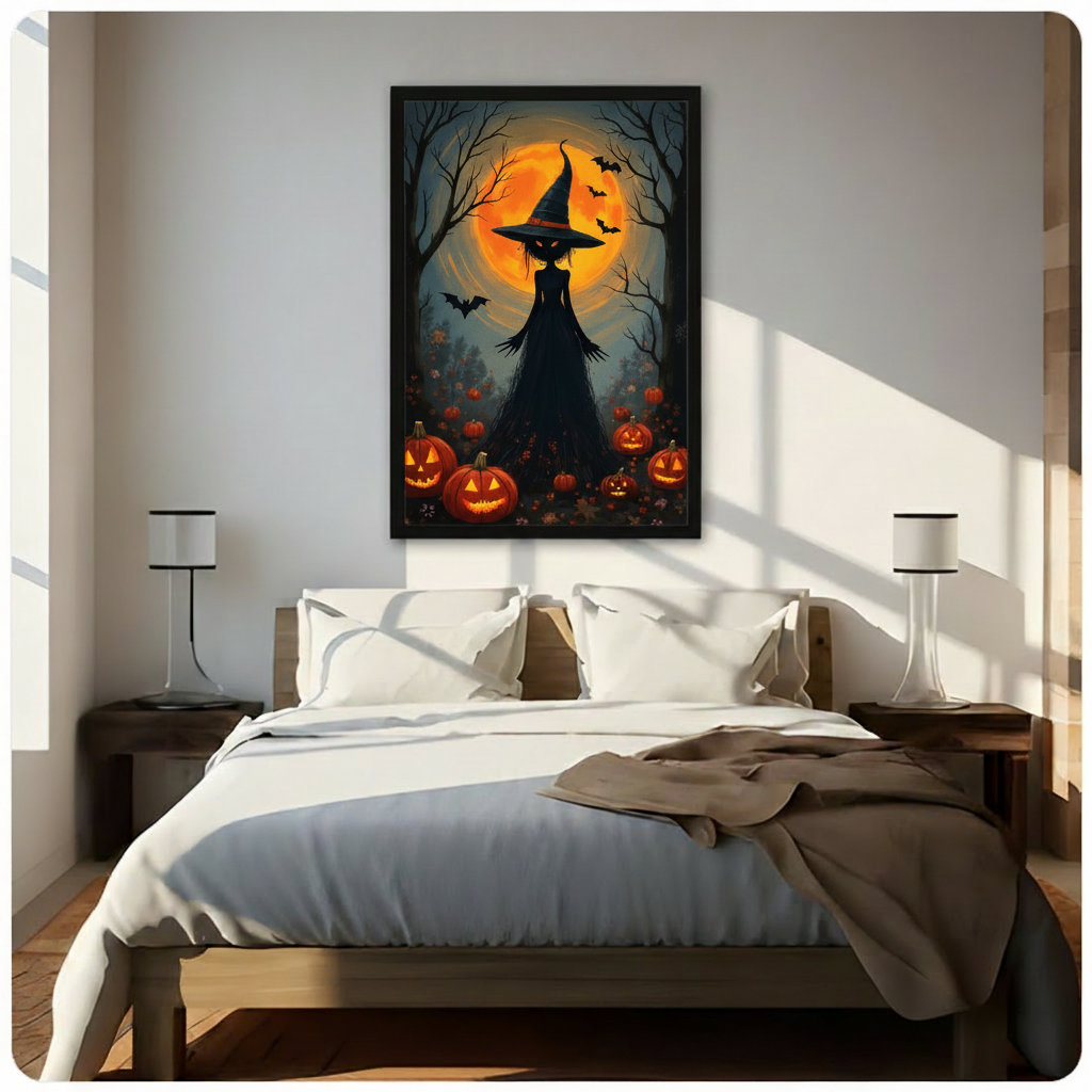 Halloween cat canvas wall art above a bed, featuring a black cat in a witch hat beneath an orange moon