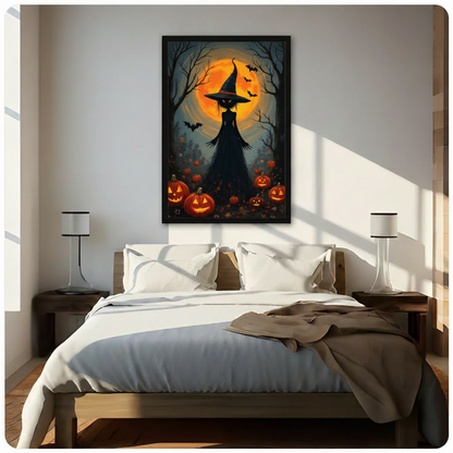 Halloween cat canvas wall art above a bed, featuring a black cat in a witch hat beneath an orange moon