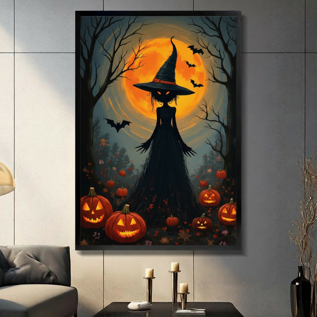 Halloween cat canvas wall art displayed in a living room with candles, bats, and bold orange and black tones