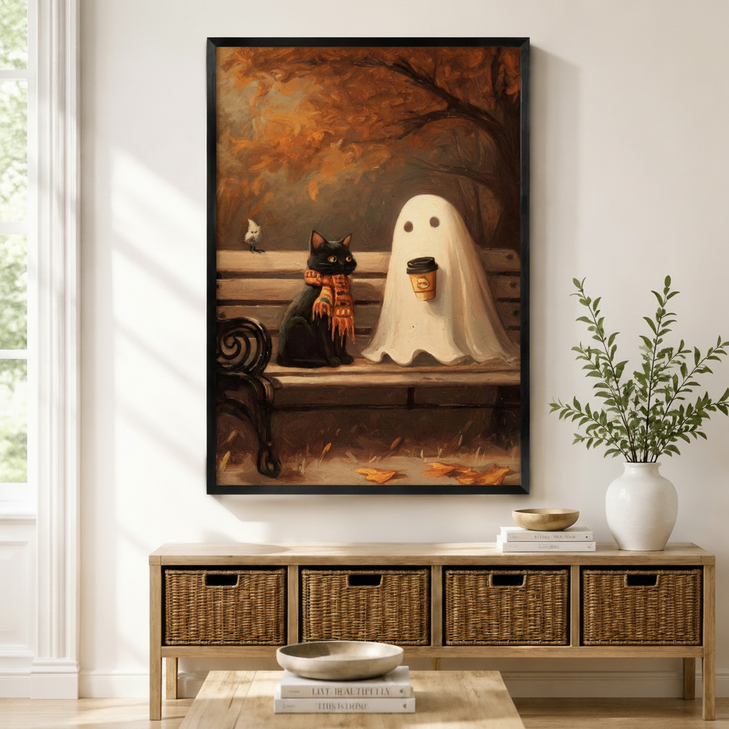 Black framed whimsical Halloween oil painting of a black cat with an orange scarf and a ghost holding a coffee cup sitting on an autumn park bench, mounted above a wicker storage console with white ceramic vases and stacked books in a warm minimal entryway