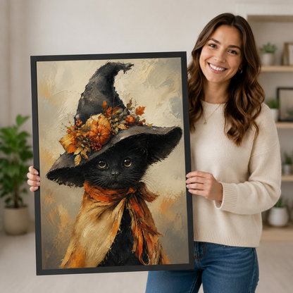 Smiling woman holding a large framed Halloween black cat witch hat wall art print with warm orange, black, and cream tones, showing black frame finish and print scale against a neutral home interior