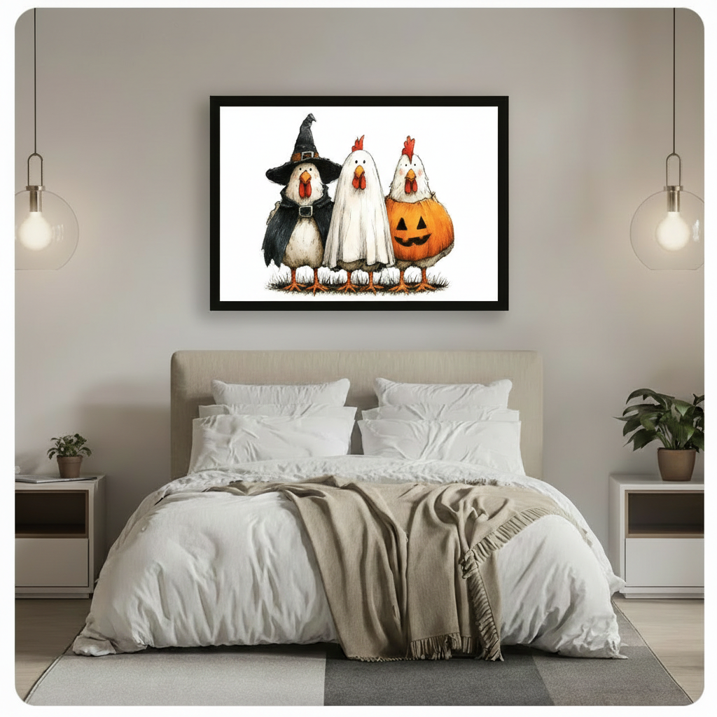 Black framed whimsical Halloween chicken wall art print hung above a white upholstered bed with pendant lights on either side in a contemporary bedroom
