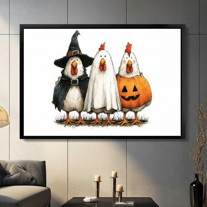 Black framed Halloween chicken trio art print featuring witch ghost and pumpkin costume chickens hung on a dark gray wall above a modern sofa