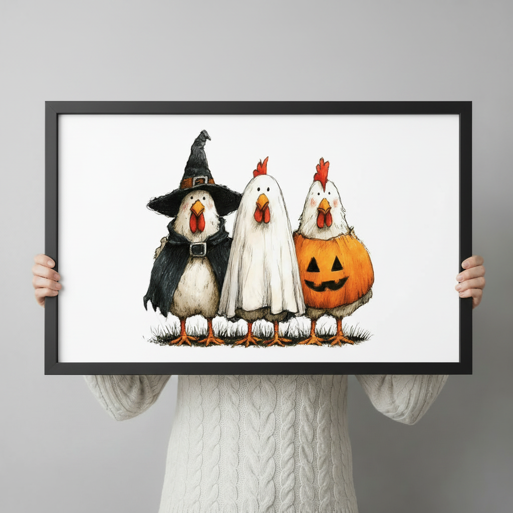Person in cream cable knit sweater holding a black framed Halloween chicken trio art print showing three chickens in witch ghost and pumpkin costumes