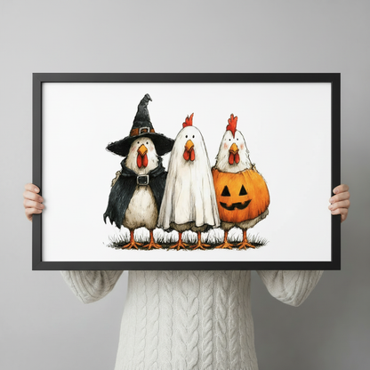 Person in cream cable knit sweater holding a black framed Halloween chicken trio art print showing three chickens in witch ghost and pumpkin costumes