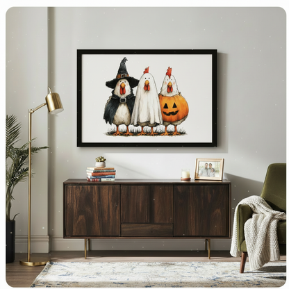 Black framed Halloween chicken trio art print above a dark walnut sideboard with gold floor lamp and green velvet armchair in a stylish living room
