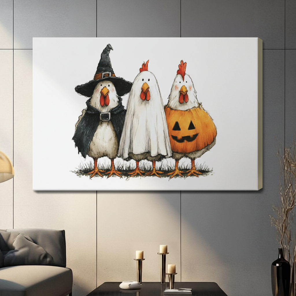 Stretched canvas Halloween chicken trio wall art with witch ghost and jack-o-lantern costume chickens displayed on a dark gray accent wall in a modern living room