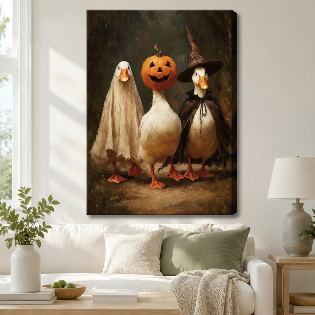 Halloween pumpkin duck stretched canvas print in bright American living room — vintage oil style whimsical wall art