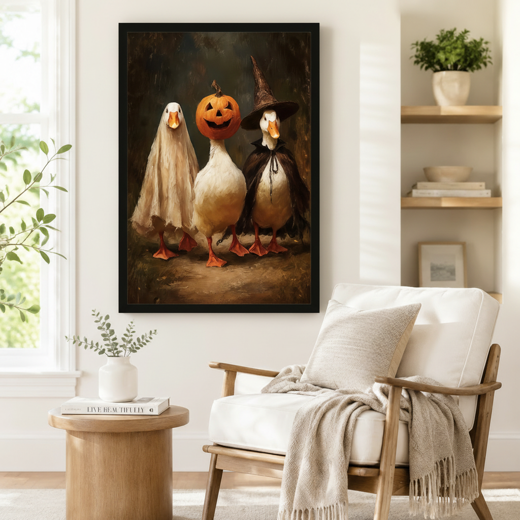 Three Halloween costume ducks framed canvas beside wooden armchair — ghost witch pumpkin duck art for fall decor