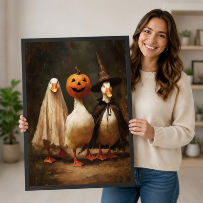 Woman holding large framed Halloween duck canvas print — whimsical pumpkin ghost witch duck gift wall art