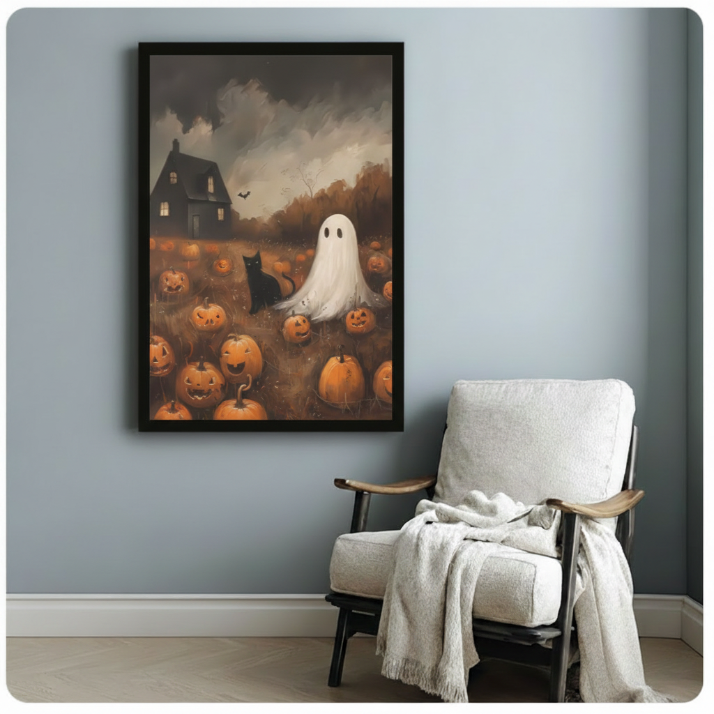 Black framed vintage Halloween ghost and black cat among carved pumpkins canvas print beside white linen armchair on blue-grey wall - atmospheric haunted house pumpkin field oil painting wall art with moody stormy sky for reading nook or bedroom decor