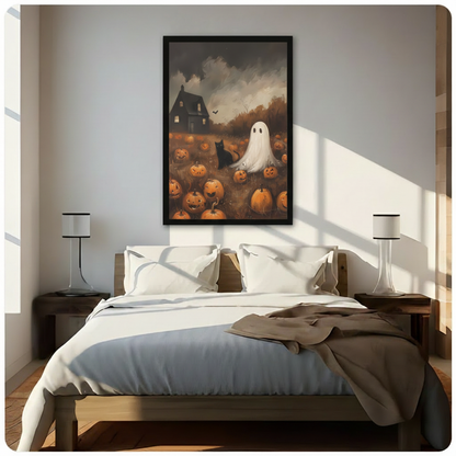 Framed vintage Halloween ghost and black cat in pumpkin patch oil painting canvas print above wooden bed in sunlit minimalist bedroom - spooky haunted house with glowing jack-o-lanterns and stormy sky wall art with warm amber autumn tones for contemporary bedroom home decor