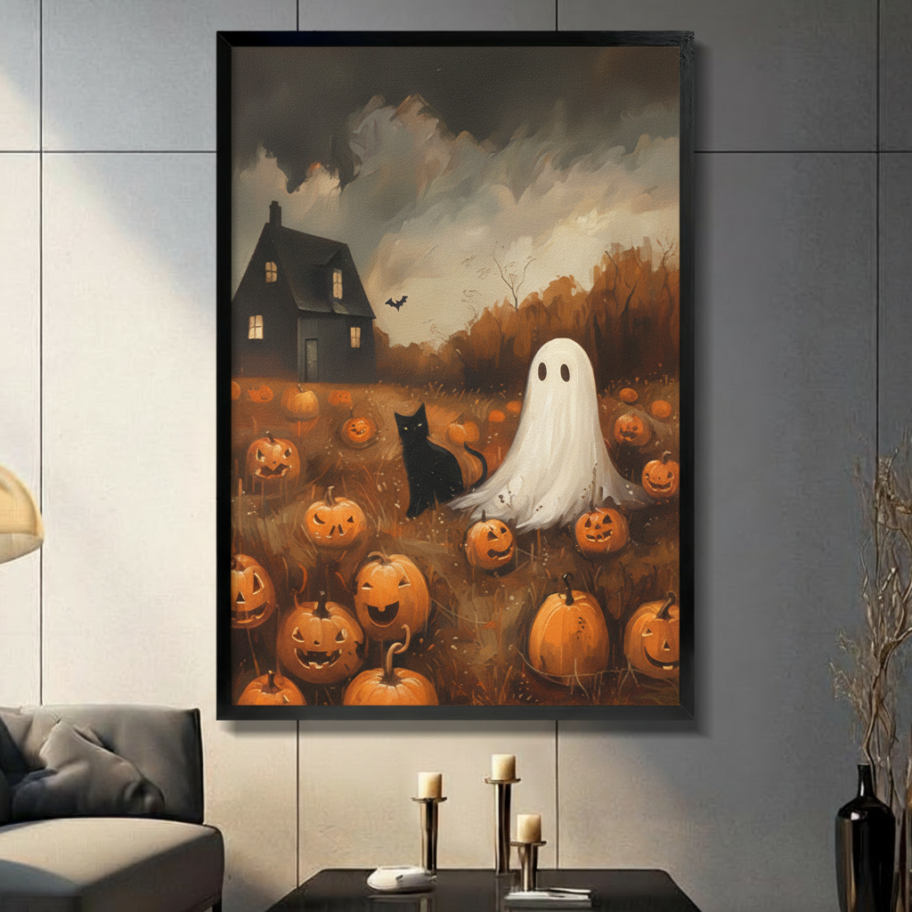 Framed vintage Halloween ghost and black cat in pumpkin field oil painting canvas print on dark grey wall in modern living room - spooky haunted house with jack-o-lanterns and bat wall art with warm amber autumn tones for contemporary home decor