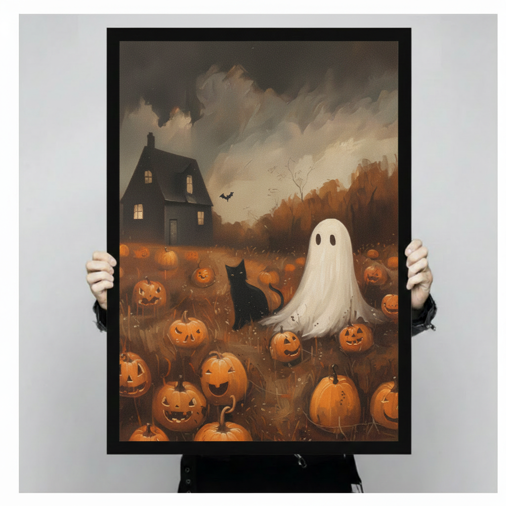 Person holding large framed vintage Halloween ghost and black cat in pumpkin field canvas print with both hands - close up view of spooky haunted house with jack-o-lanterns and bat oil painting wall art with warm amber autumn tones and black frame finish