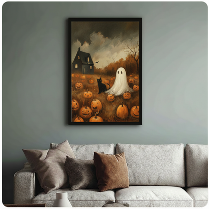 Framed vintage Halloween ghost and black cat in pumpkin patch canvas print above cream sofa on blue-grey wall - spooky haunted house with glowing jack-o-lanterns and bat oil painting wall art with warm autumn amber tones for stylish living room decor