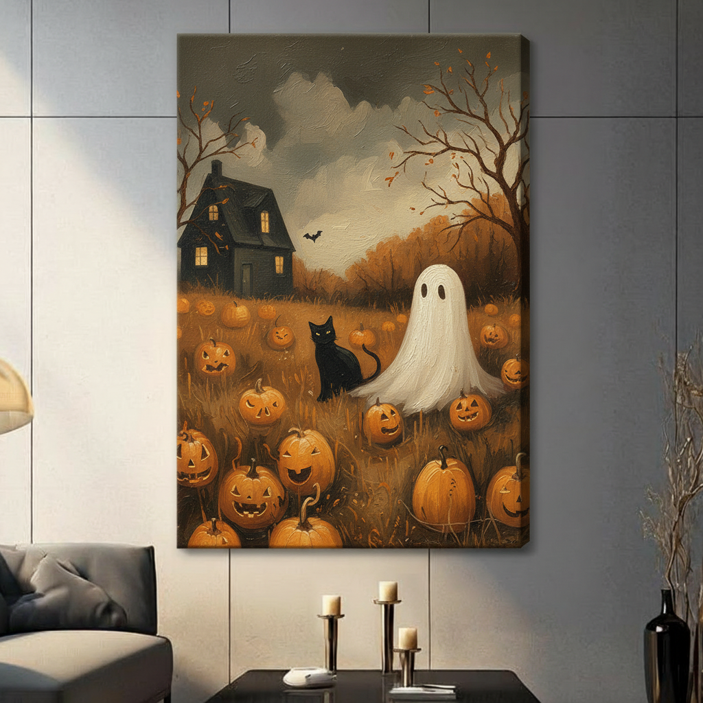 Unframed vintage Halloween ghost and black cat among jack-o-lanterns canvas print on dark grey wall in contemporary living room - atmospheric haunted house pumpkin field oil painting wall art with moody amber and grey tones for modern interior decor