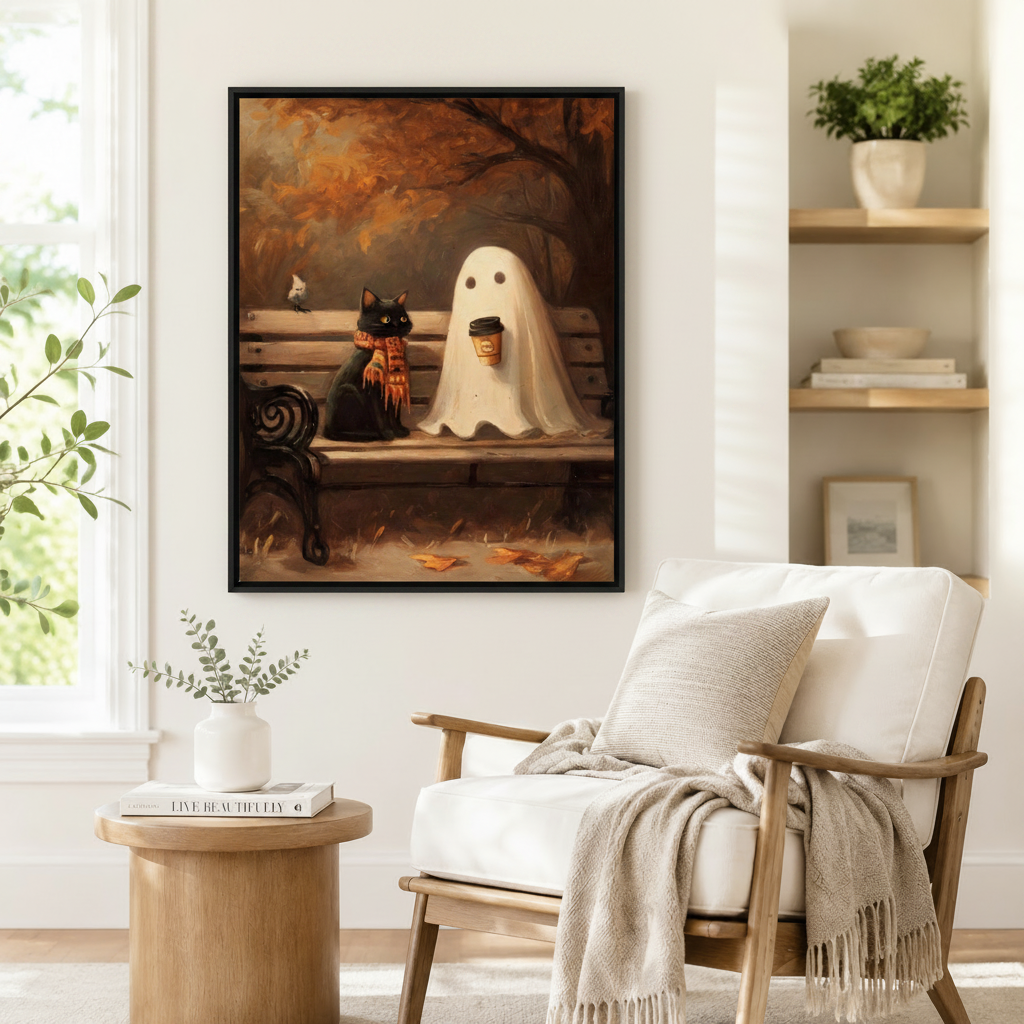 Large black framed autumn Halloween painting of a scarfed black cat and coffee-drinking ghost on a park bench beside a white linen armchair with a fringed throw blanket, round wooden side table with a coffee table book, and open shelving with potted greenery