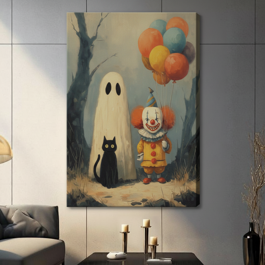 Gallery wrap canvas of a spooky ghost, vintage-style clown with orange balloons, and a black cat standing together in an eerie woodland scene, hung on a gray living room wall