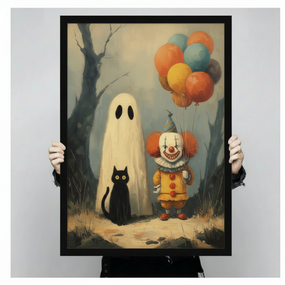 Close-up product shot of a framed Halloween wall art print showing a ghost, creepy clown with multicolored balloons, and a black cat in a vintage painterly forest setting