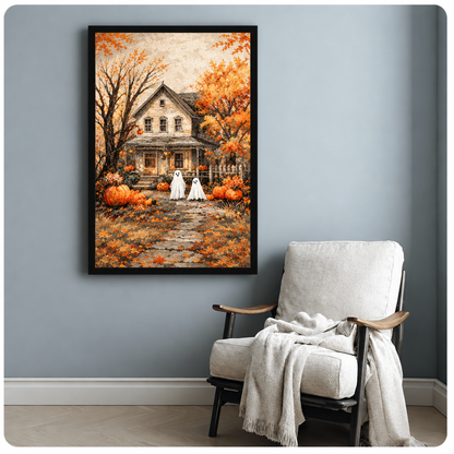 Halloween ghost pumpkin canvas wall art above a white armchair, showing two playful ghosts among pumpkins and fall leaves