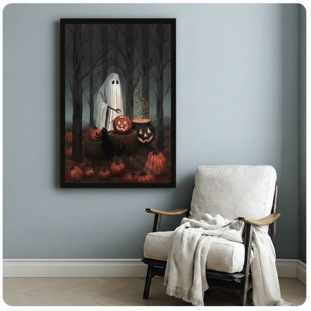 Halloween ghost pumpkin canvas wall art above a white armchair, featuring a ghost and jack-o-lanterns in a moonlit forest