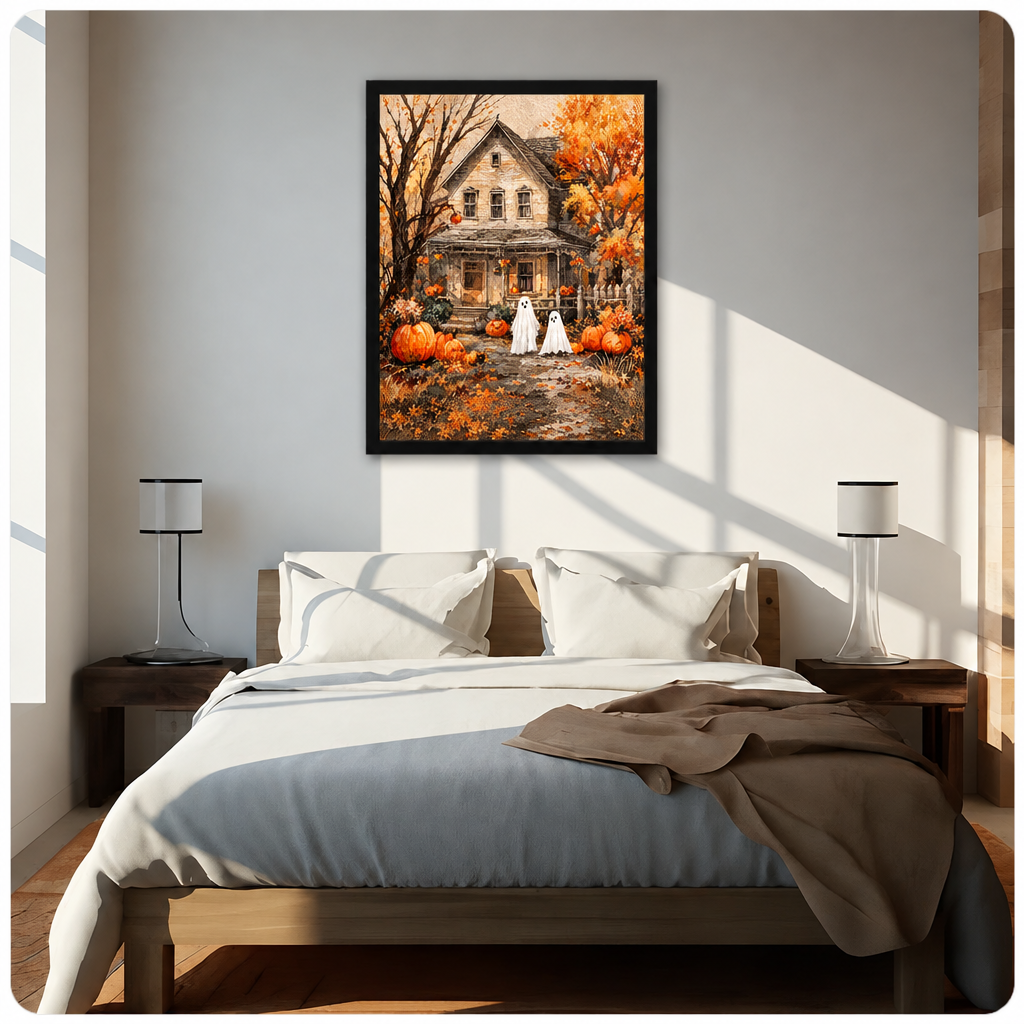 Halloween ghost pumpkin canvas wall art above a bed, featuring a farmhouse, two ghosts, glowing pumpkins, and autumn foliage