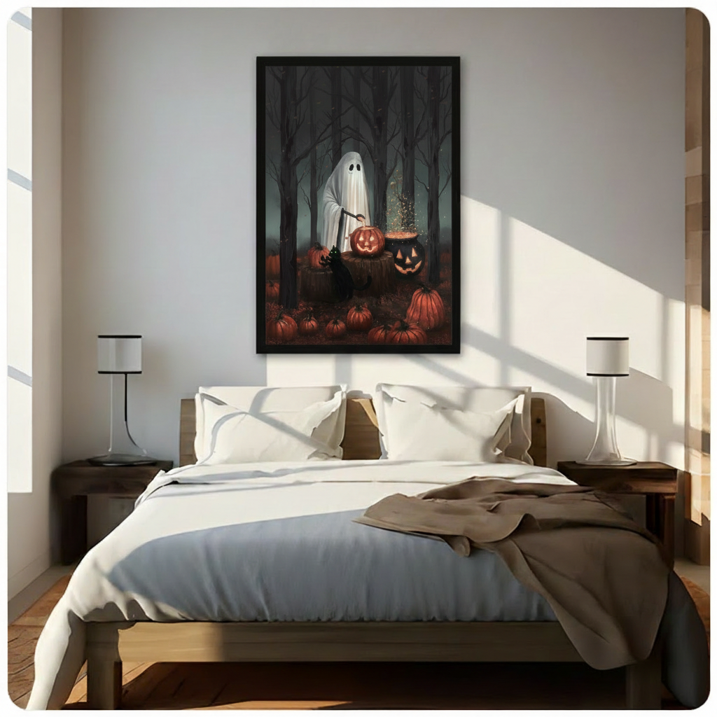 Halloween ghost pumpkin canvas wall art above a bed, showing a friendly ghost, black cat, and glowing pumpkins
