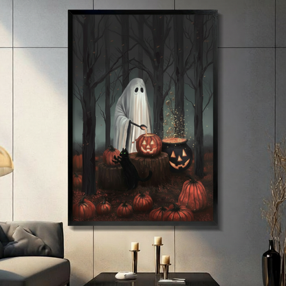  Halloween ghost pumpkin canvas wall art with a white ghost, black cat, glowing pumpkins, and magical cauldron