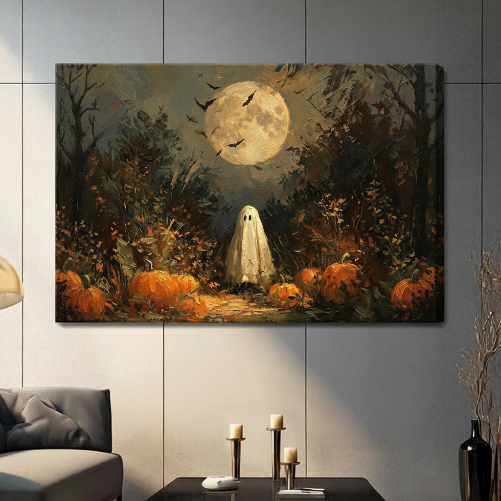 Spooky ghost pumpkin forest gallery wrapped canvas wall art in vintage oil painting style with glowing full moon and flying bats above a dark gray sofa and candle holders
