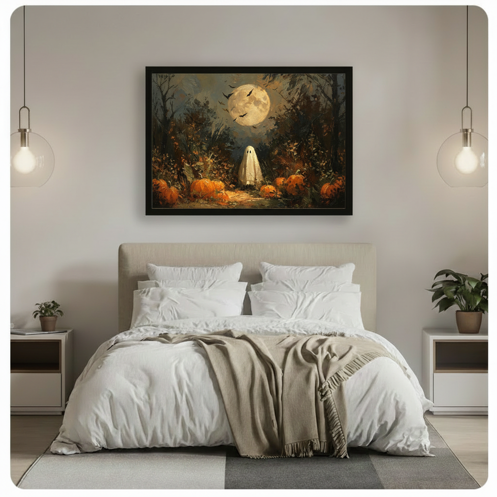 Halloween ghost and pumpkin wall art framed print hung above a modern bed with a beige upholstered headboard white linen bedding a taupe throw blanket and globe pendant lights