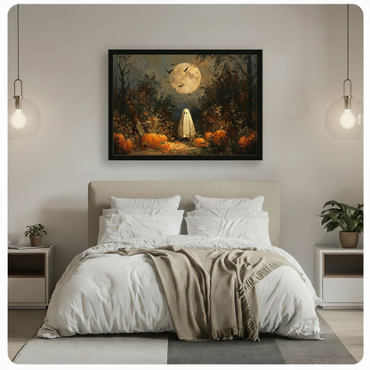 Halloween ghost and pumpkin wall art framed print hung above a modern bed with a beige upholstered headboard white linen bedding a taupe throw blanket and globe pendant lights