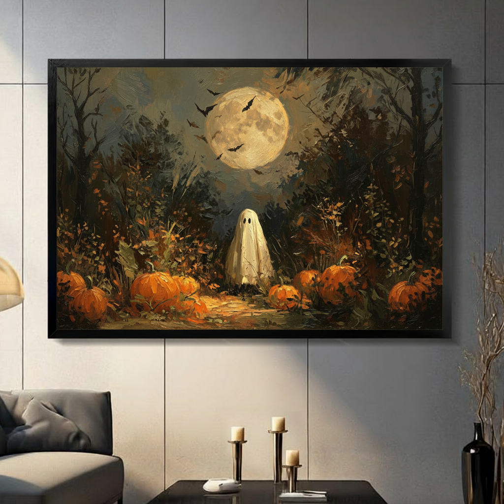 Halloween ghost and pumpkin patch vintage oil painting framed wall art with full moon and bats displayed above a dark gray sofa with black candle holders in a moody living room