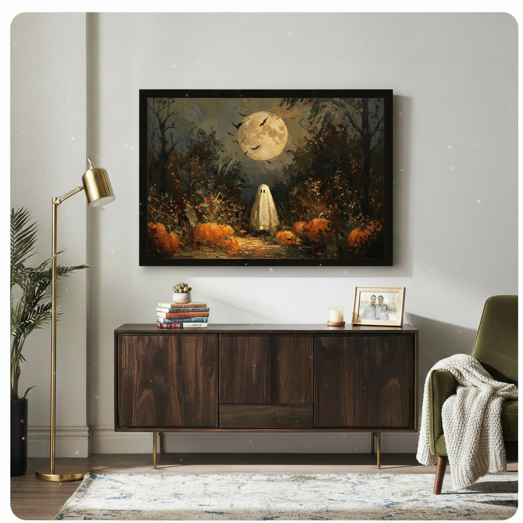 Vintage Halloween ghost pumpkin forest oil painting framed wall art above a dark walnut sideboard with stacked books a gold floor lamp green velvet armchair and a knit throw blanket