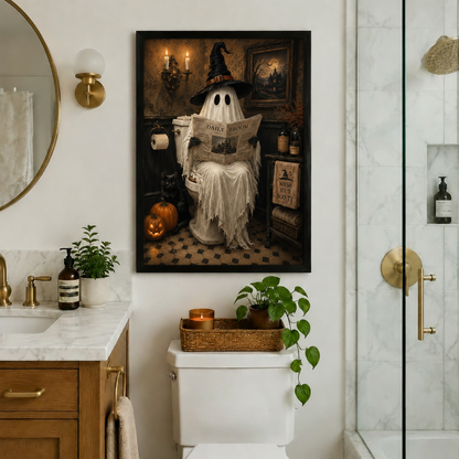 Halloween ghost reading canvas wall art displayed in a bathroom, with a witch-hat ghost reading the Daily Broom newspaper