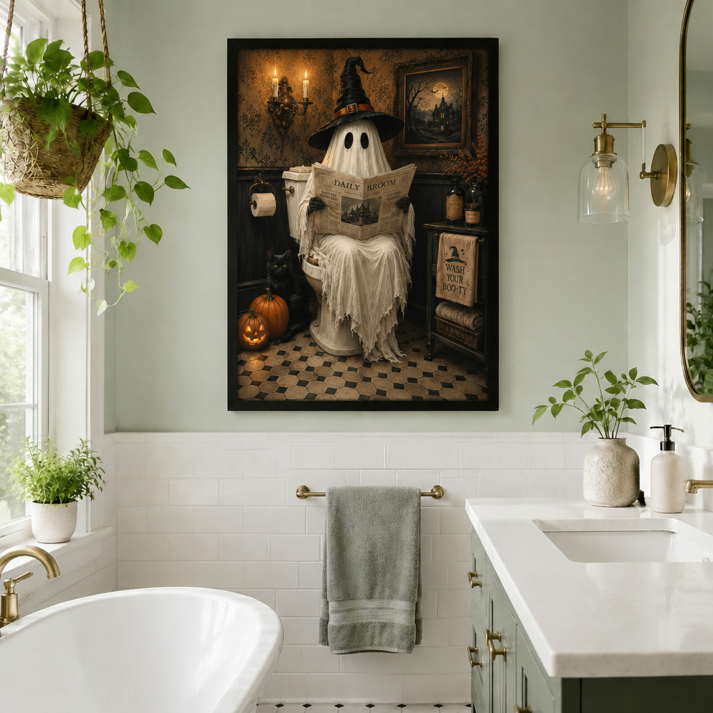 Halloween ghost reading canvas wall art in a bright bathroom, depicting a newspaper-reading ghost in a witch hat above the bathtub